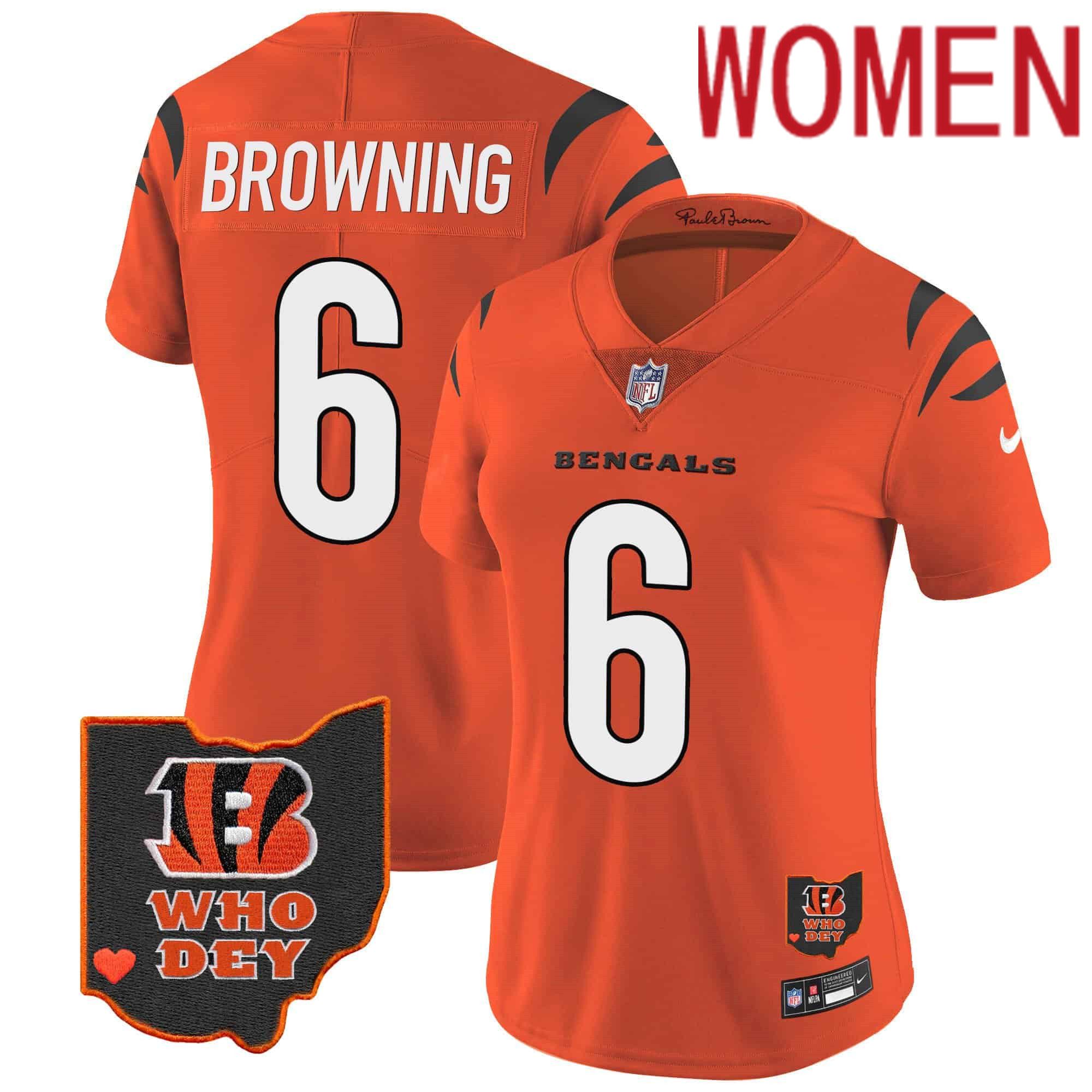 Women Cincinnati Bengals #6 Browning Orange 2024 Nike Patch Vapor Limited NFL Jersey